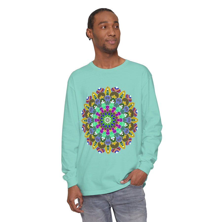 Colorful and detailed mandala long sleeve shirt with intricate and vibrant art
