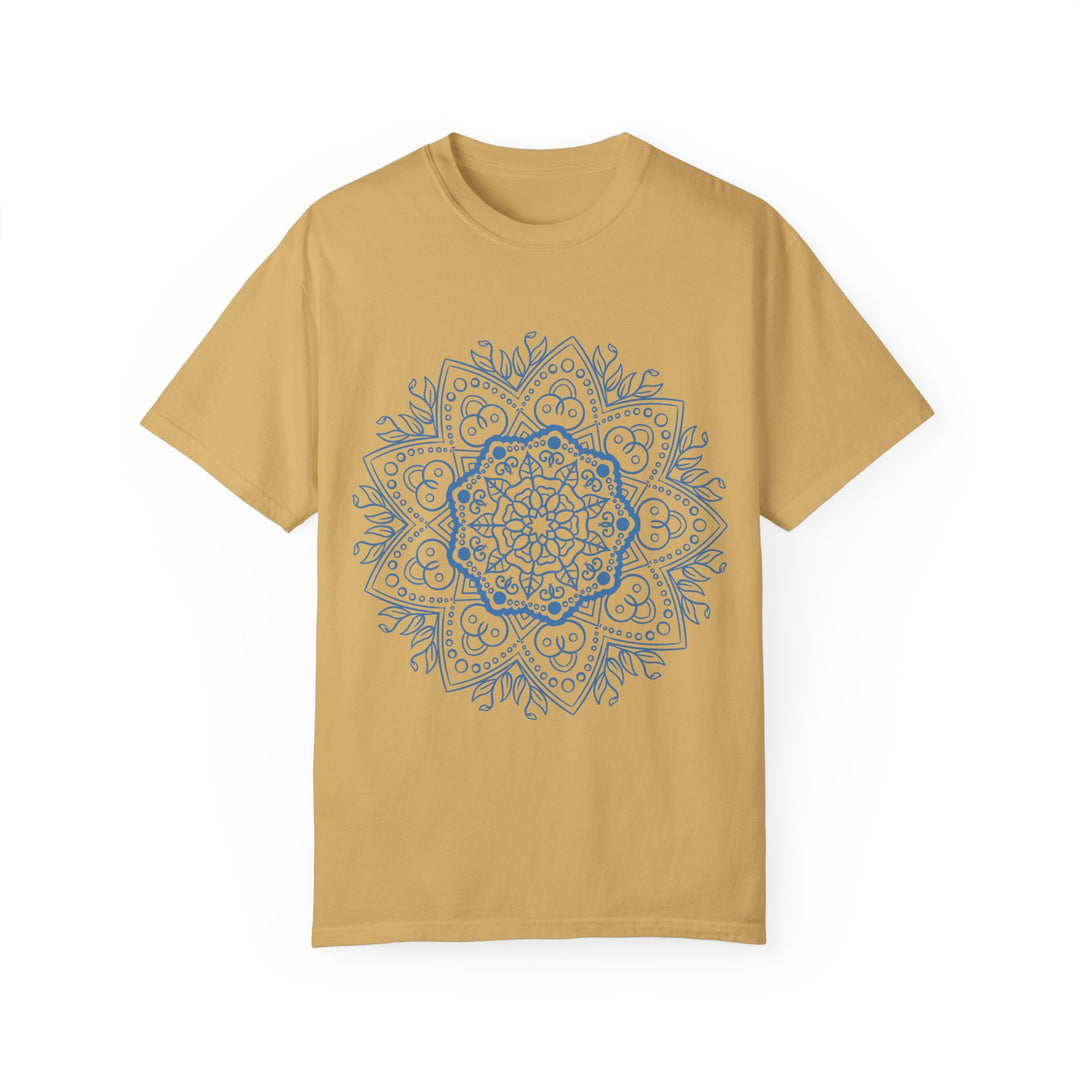 Handmade Mandala Art Tshirt, featuring intricate design, on a comfortable unisex garment-dyed tee