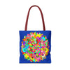 Dark blue tote bag with colorful mandala art design, perfect for carrying all your essentials in style