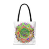 Vibrant and intricately designed mandala tote bag with colorful all-over print