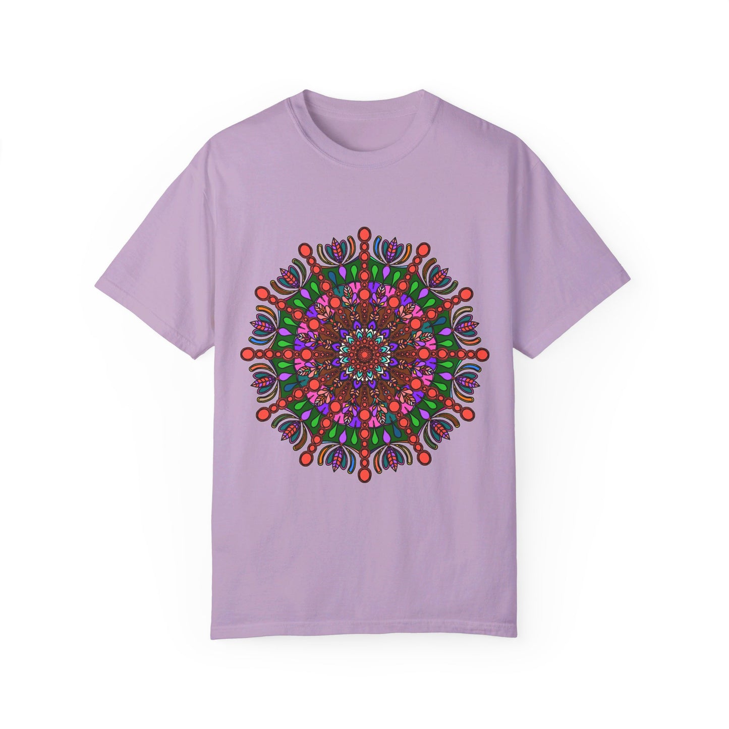 Unisex Mandala T-Shirt made from 100% ring-spun cotton, featuring hand-drawn mandala art and garment-dyed for extra comfort