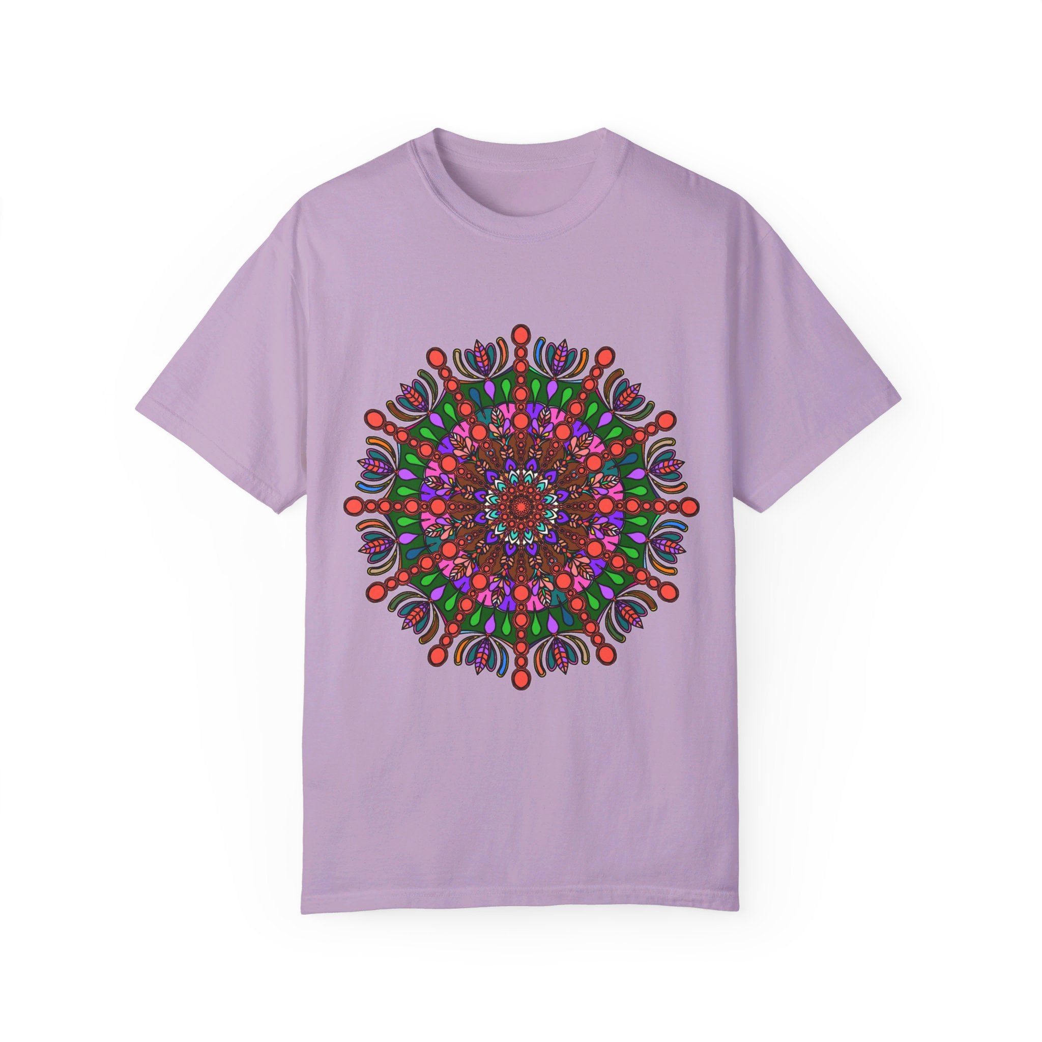 Unisex Mandala T-Shirt made from 100% ring-spun cotton, featuring hand-drawn mandala art and garment-dyed for extra comfort