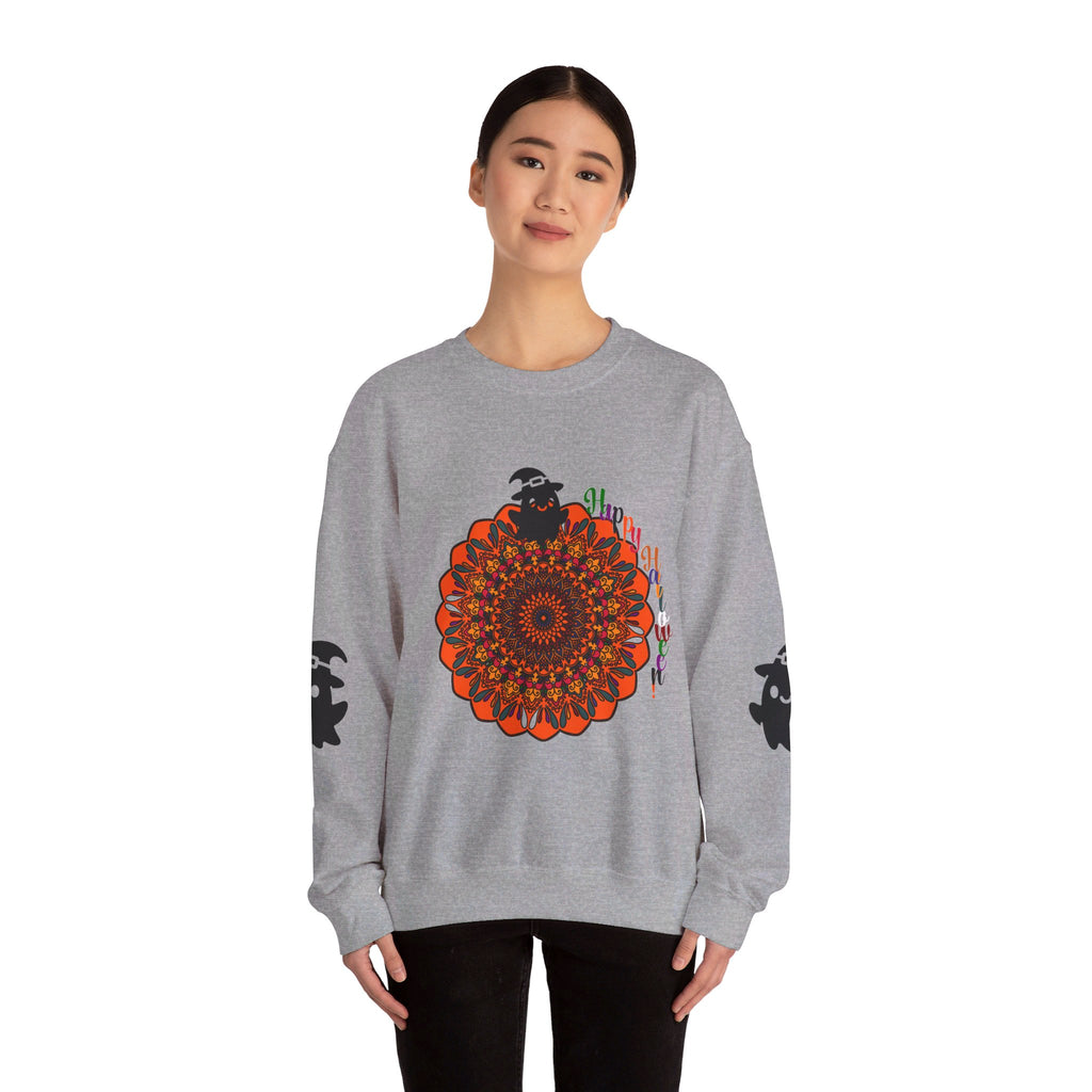 Unisex Heavy Blend™ Crewneck Sweatshirt in black with a Halloween-themed design featuring cute ghosts and spooky accents