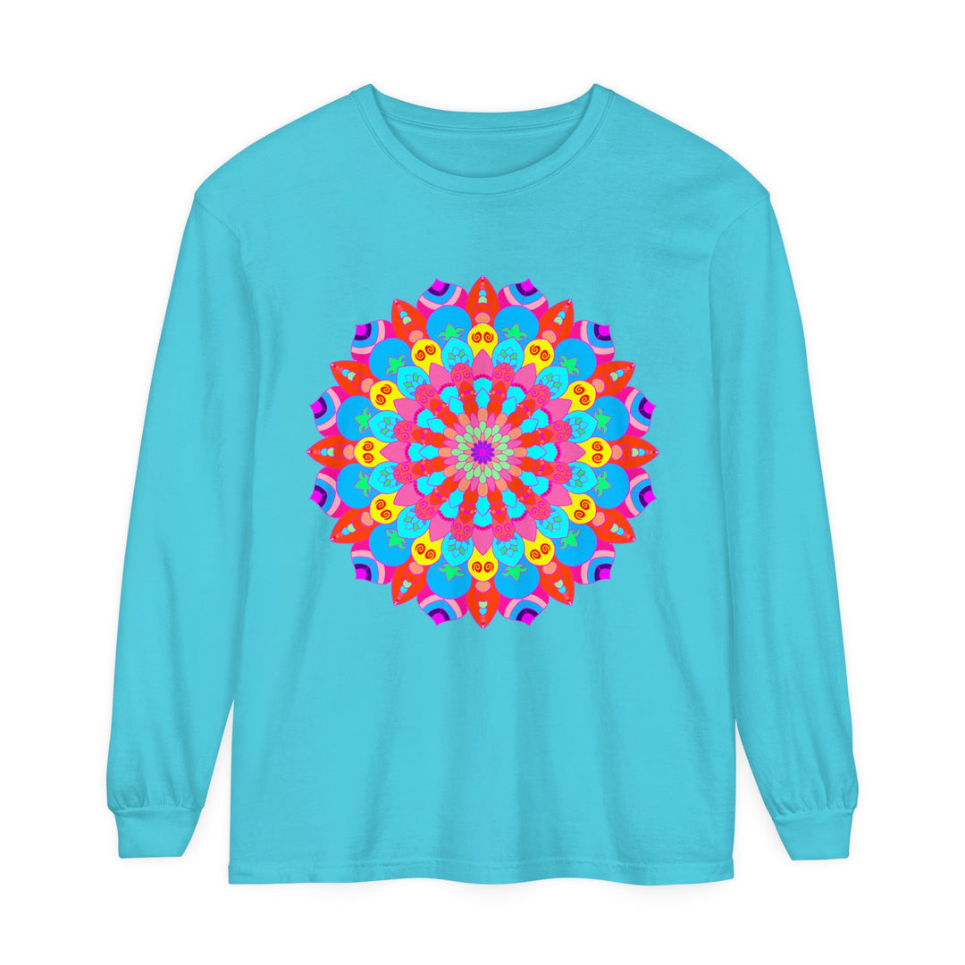 Vibrantly colored mandala design on a unisex long sleeve t-shirt