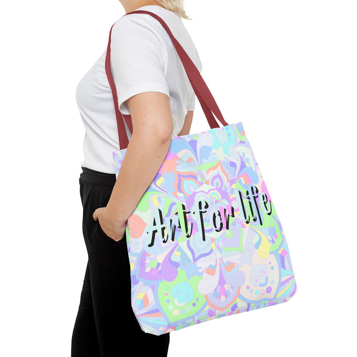 A colorful mandala tote bag with a quote Art for Life on it, perfect for carrying your essentials in style