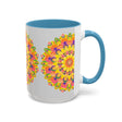 Colorful mandala mug featuring bohemian art design and intricate details on white background