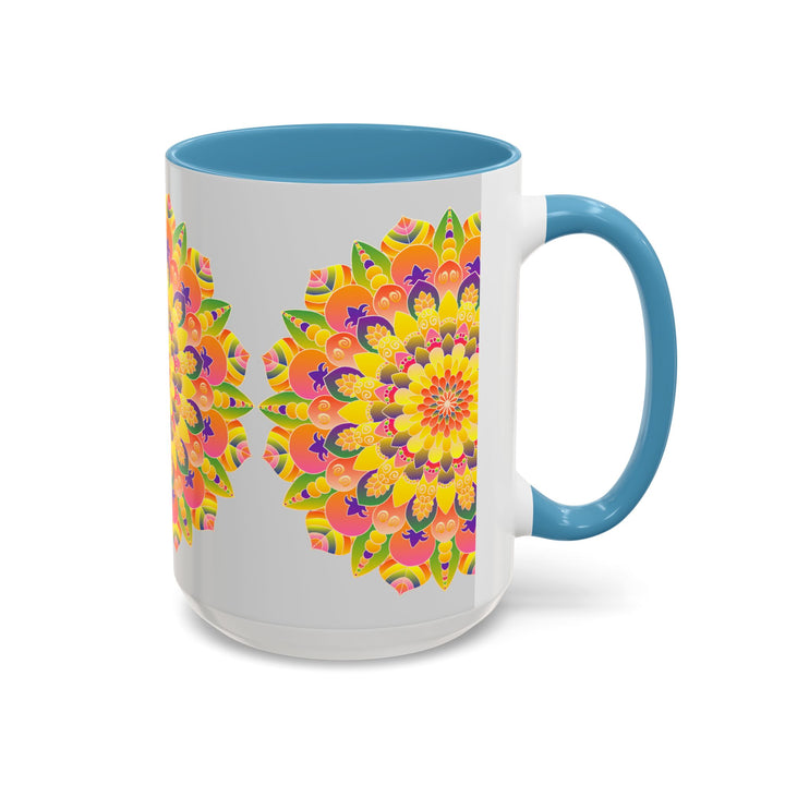 Colorful mandala mug featuring bohemian art design and intricate details on white background