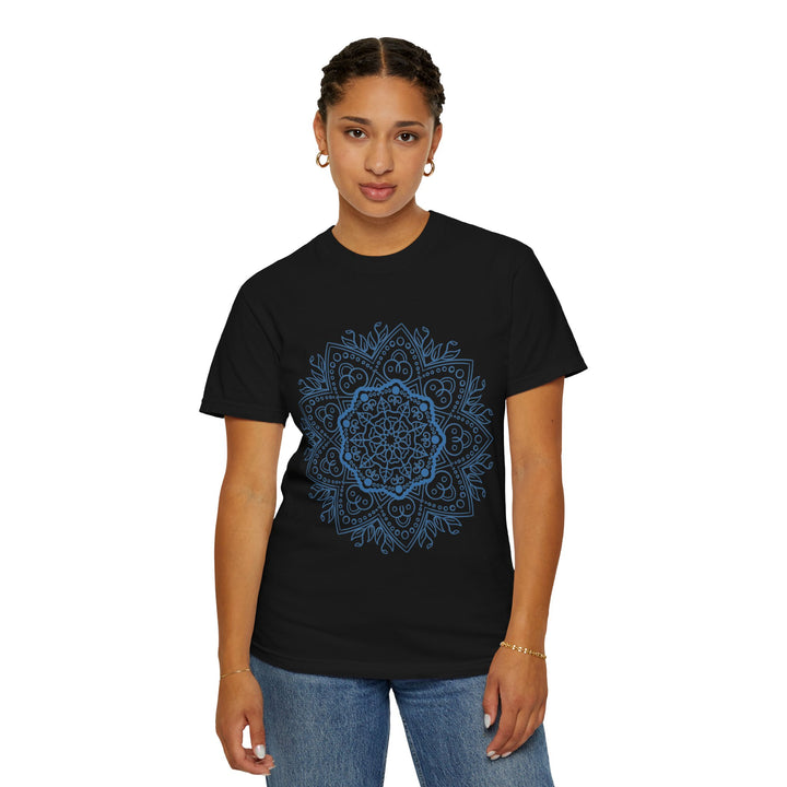 Colorful unisex garment-dyed tee featuring handmade mandala art design