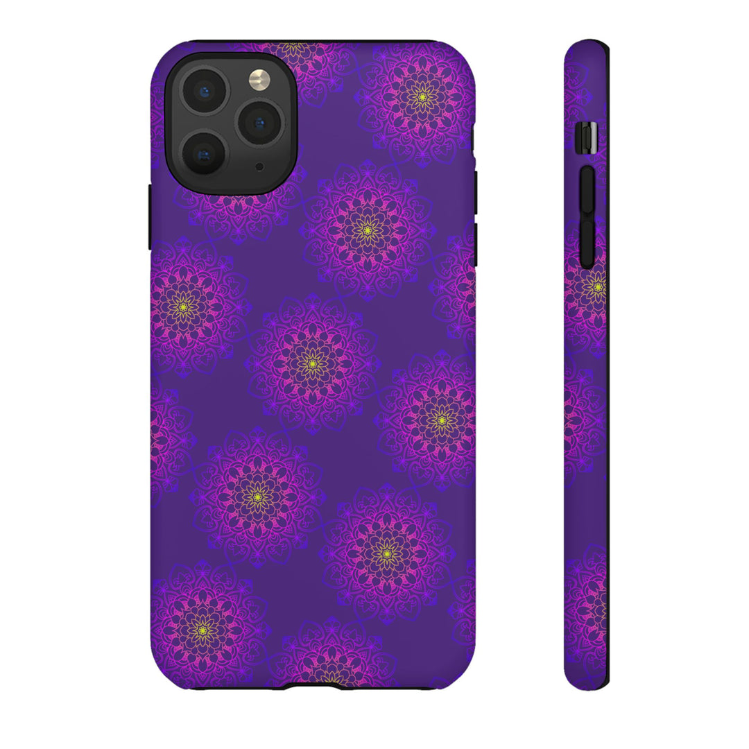 Intricate Purple Floral iPhone Case with Bold Mandala Design