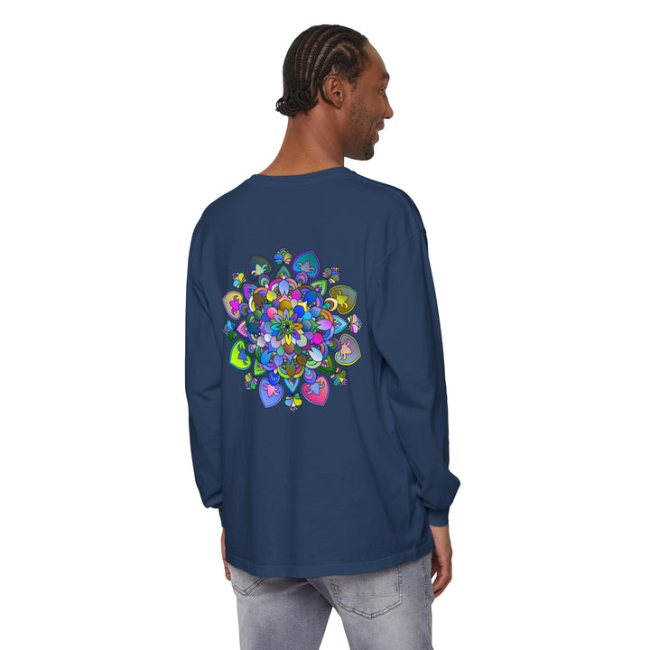 Colorful and intricate mandala design on a comfortable long sleeve t-shirt