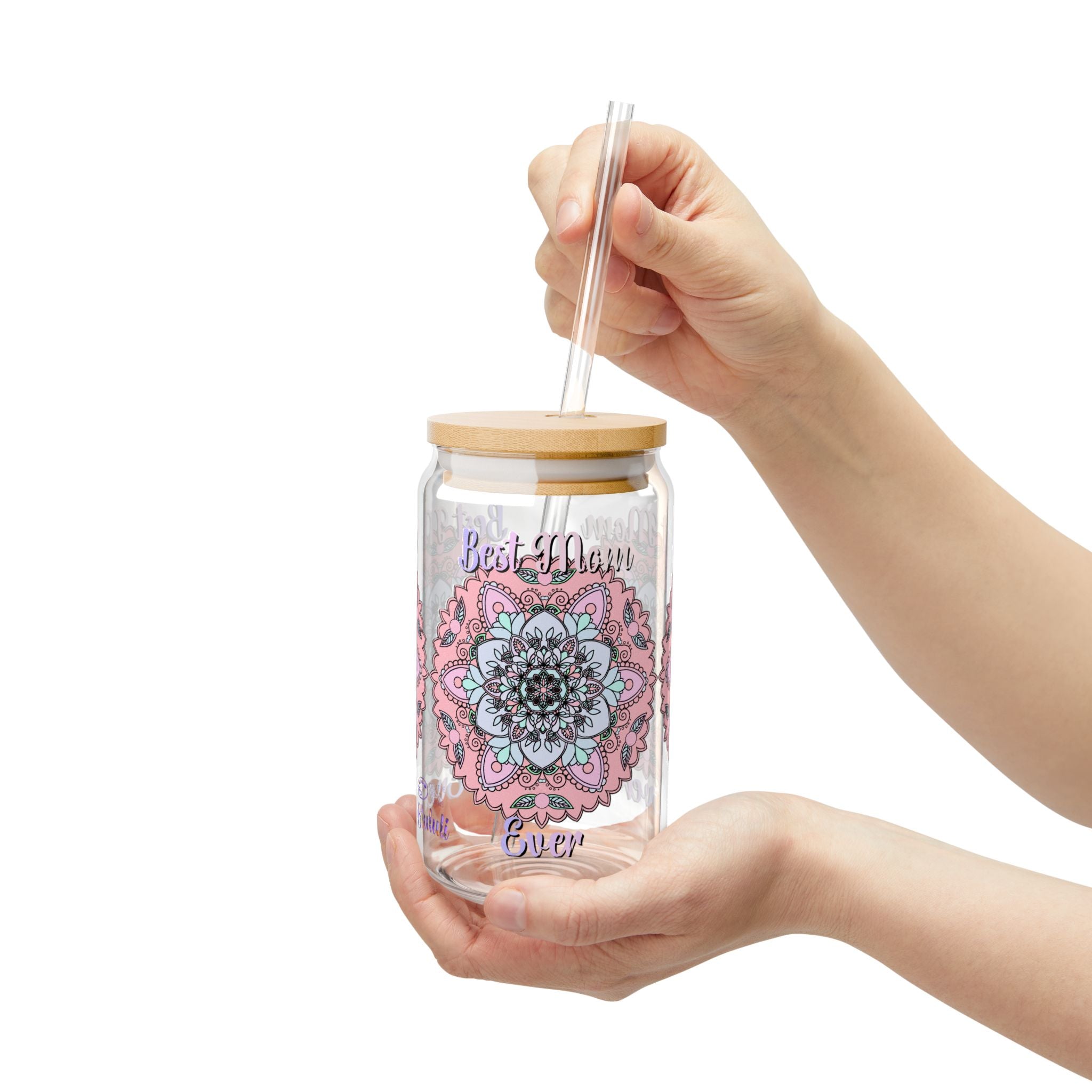 Mandala 'Best Mom Ever' 16oz Sipper Glass with Bamboo Lid