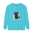 Cute and playful cat design with vibrant watercolor flowers