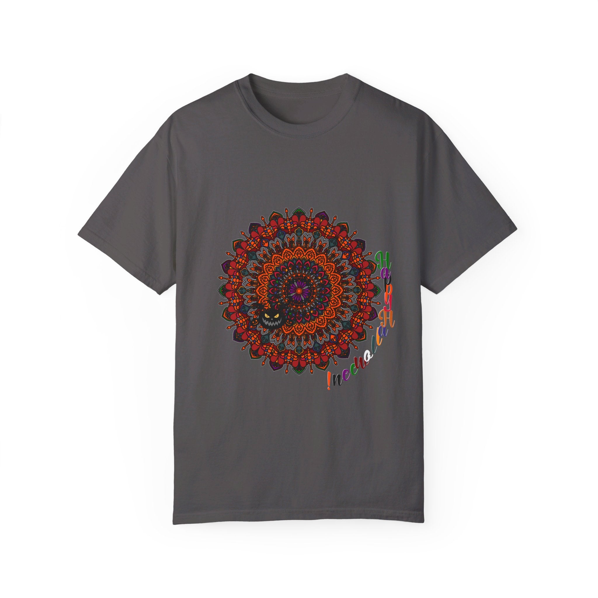 Unisex Halloween Mandala T-shirt featuring handmade pumpkin mandala art on garment-dyed tee