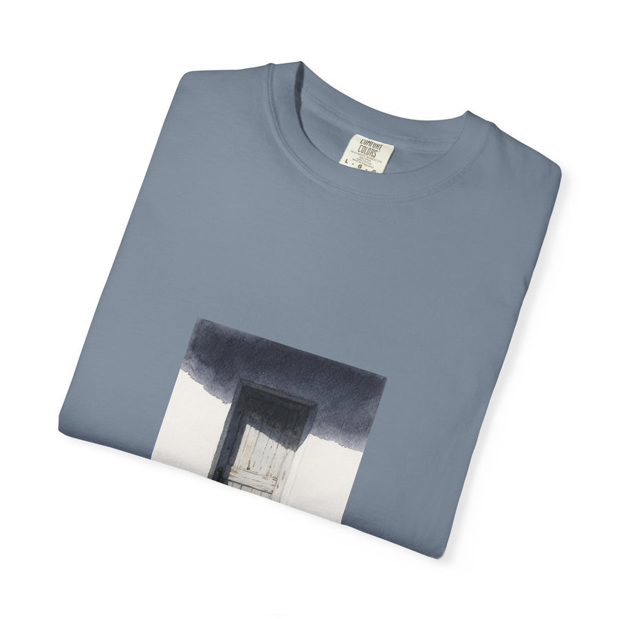 T-Shirt — Minimal Art Cat at Door Graphic Tee