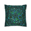 Spun Polyester Square Pillowcase Mandala Art in Petroleum Green, a unique and original hand-drawn design for home decor