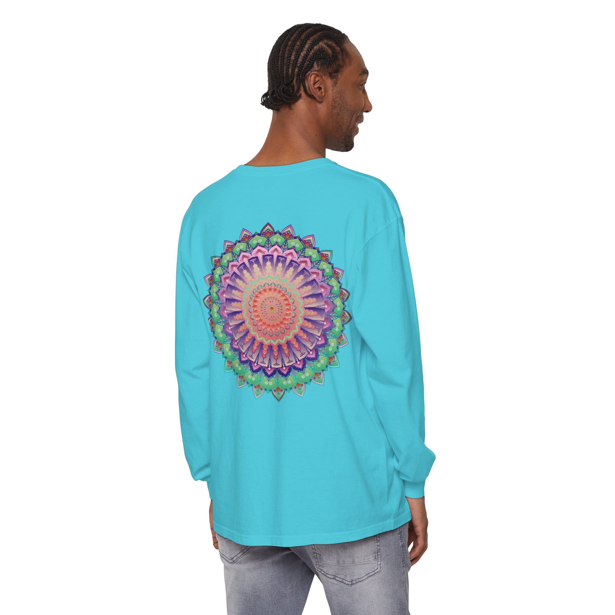 Colorful and intricately designed unisex long sleeve t-shirt with vibrant mandala print