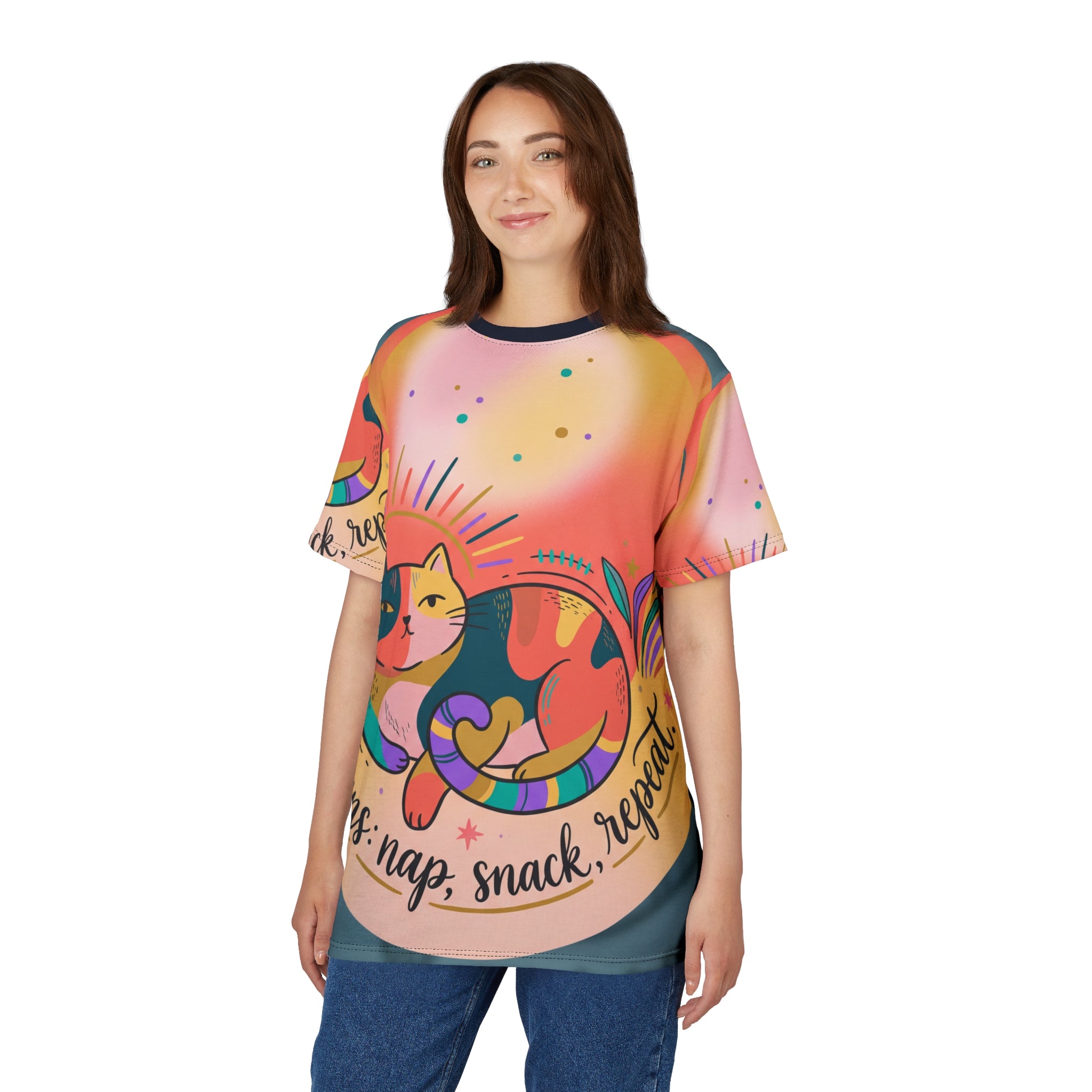 T-Shirt „Katze Sonne &amp; Schatten“ – „Nickerchen, Snack, Wiederholung“