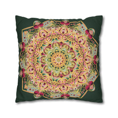 A square throw pillow featuring a detailed, colorful mandala pattern on a dark forest green background, shown against a plain white studio backdrop.