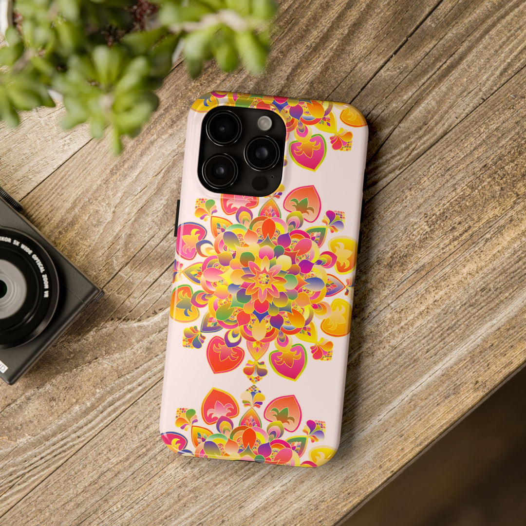 Beautiful hand drawn mandala art phone case with intricate details and vibrant colors