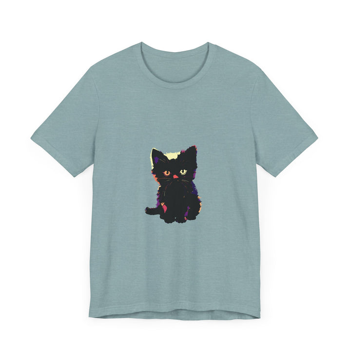 A black graphic tee with an adorable illustration of a cute cat