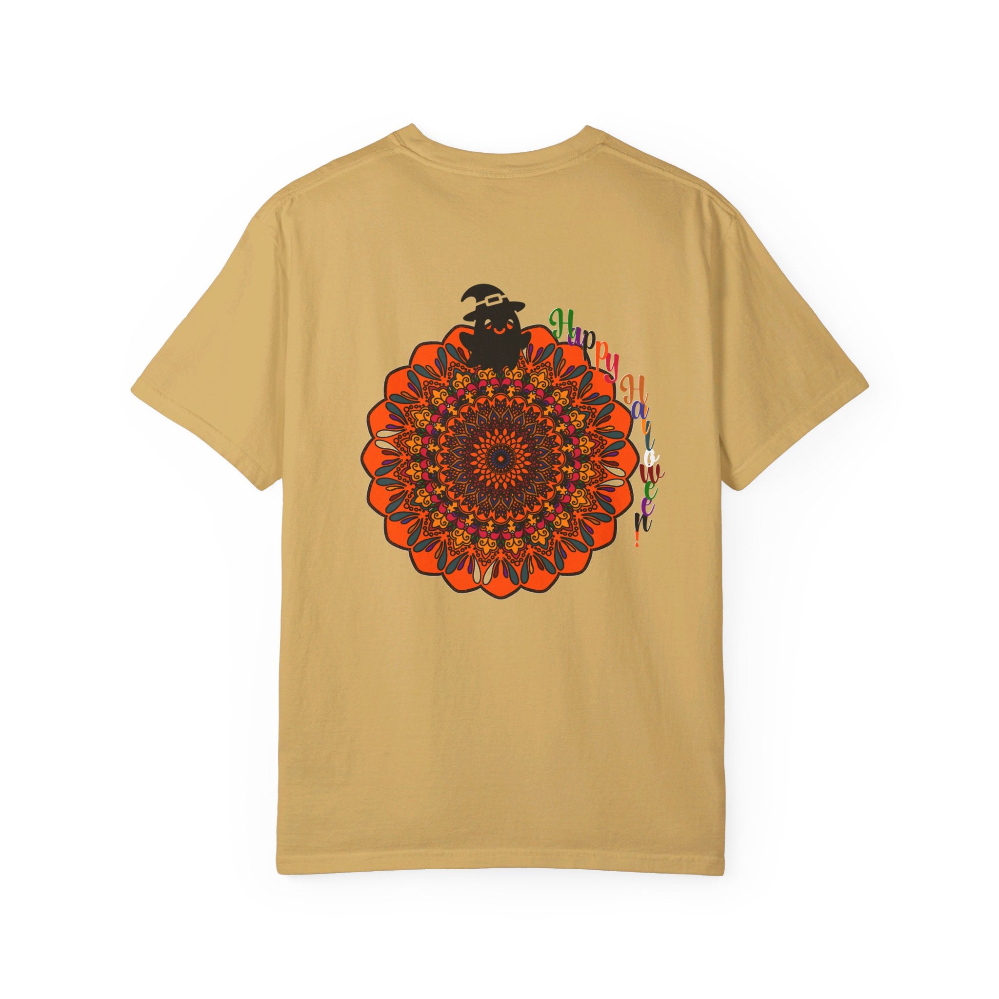 Unisex Halloween Mandala T-shirt featuring handmade pumpkin mandala art on a garment-dyed tee