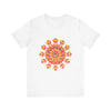 Vibrant Mandala Tee featuring a striking design in shades of pink, yellow, orange, and green, perfect for adding a pop of color to any outfit