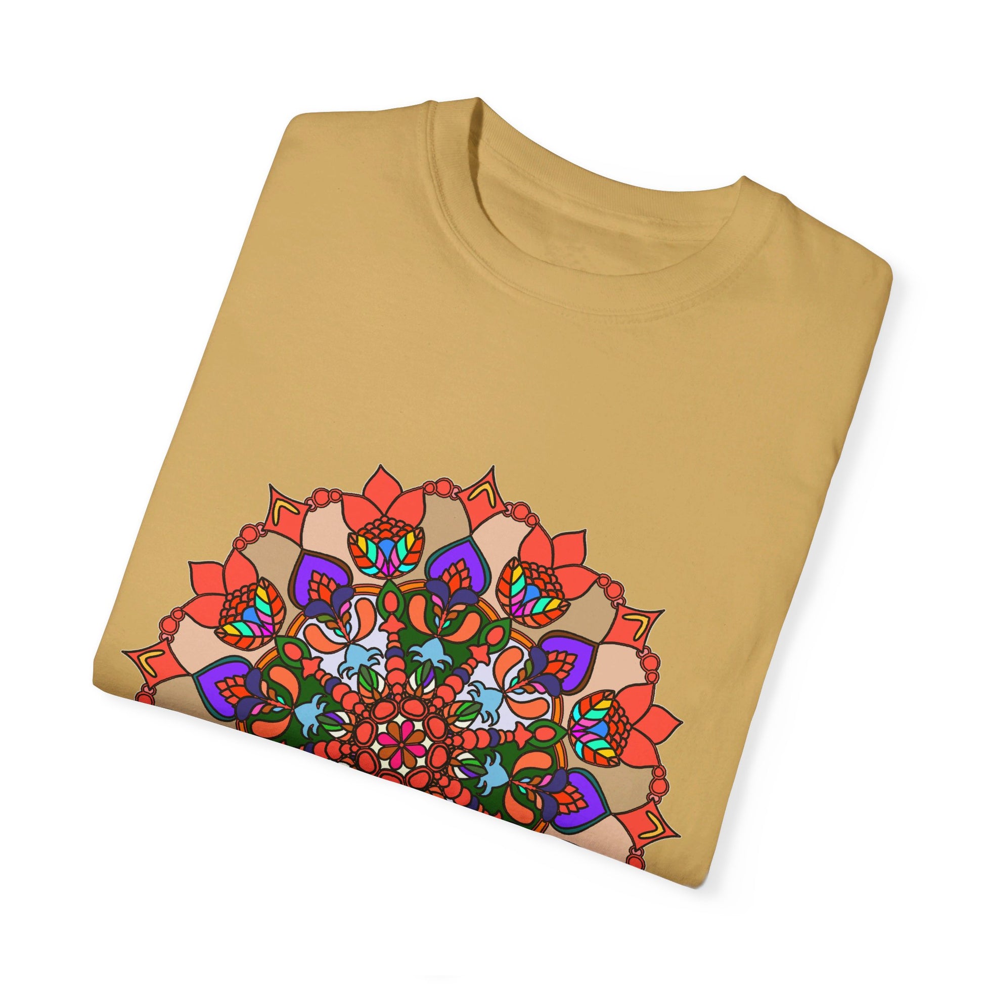 Unisex mandala t-shirt made from 100% ring-spun cotton, featuring hand-drawn mandala art and garment-dyed for extra comfort