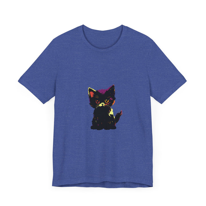 A vibrant neon black cat mystery-themed t-shirt with a quirky design