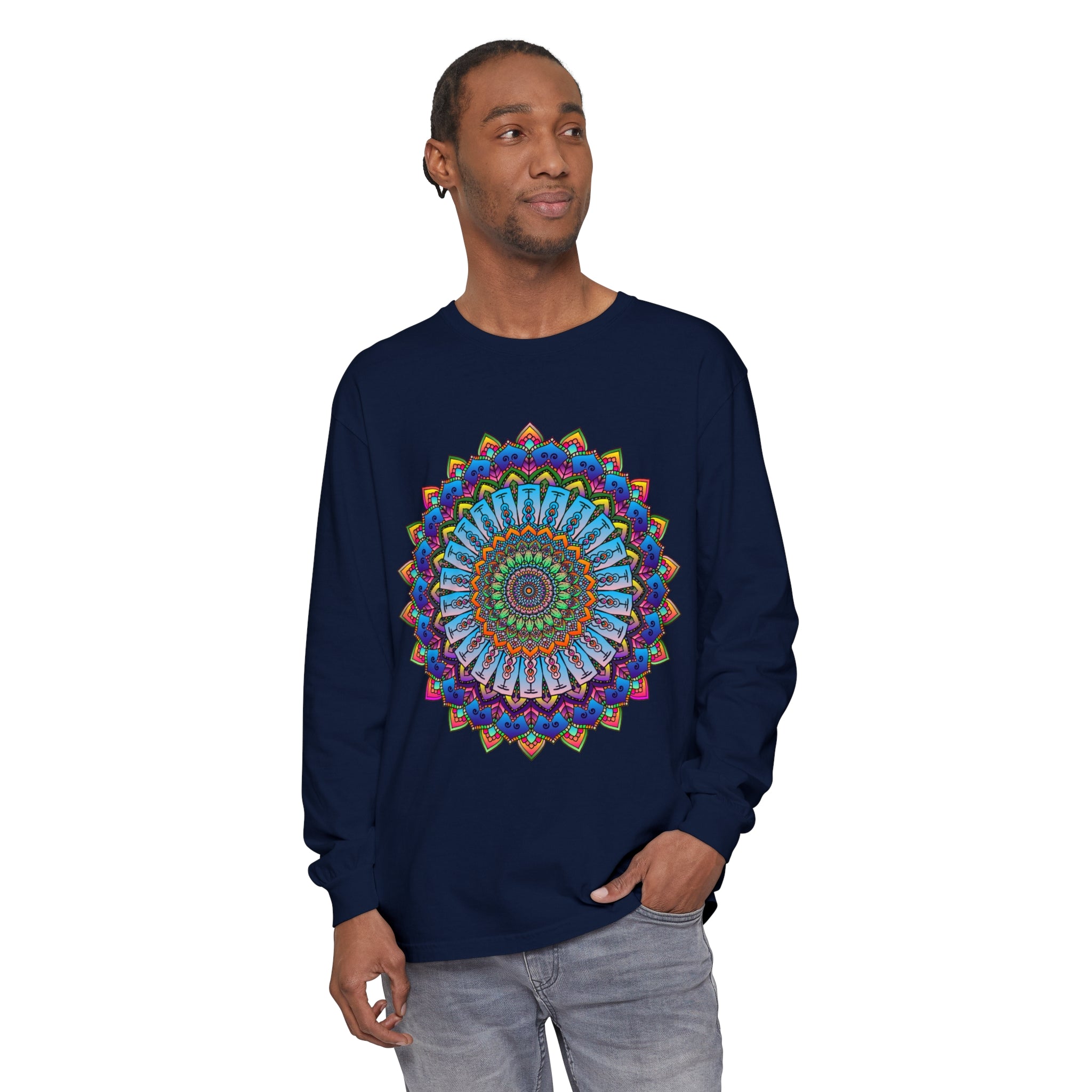 Vibrant unisex long sleeve t-shirt with intricate mandala design