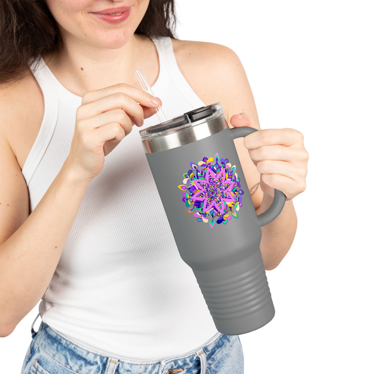 40oz Insulated Travel Mug — Purple Floral Mandala Design