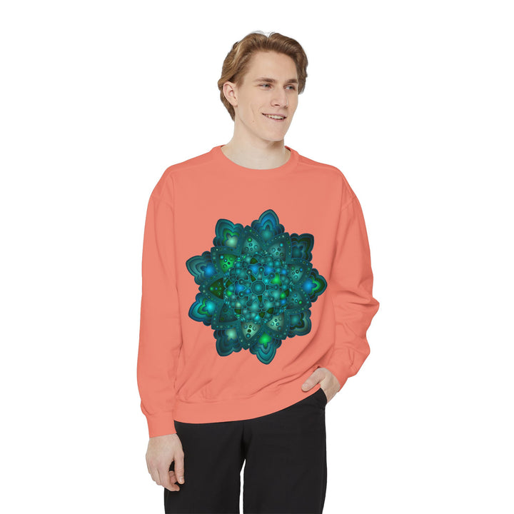 Beautiful blue and green mandala sweatshirt with intricate patterns and designs