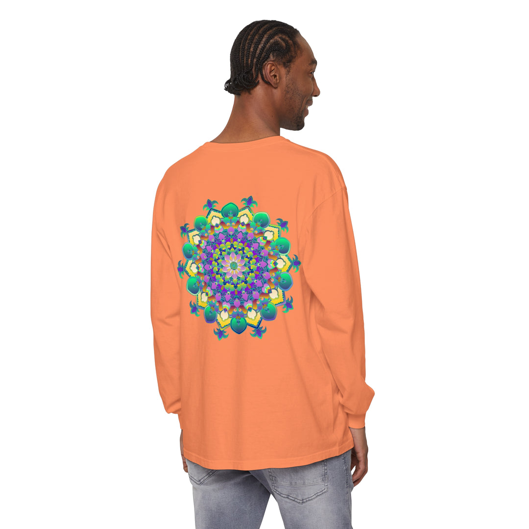 Vibrant and detailed long sleeve t-shirt featuring an intricate mandala design