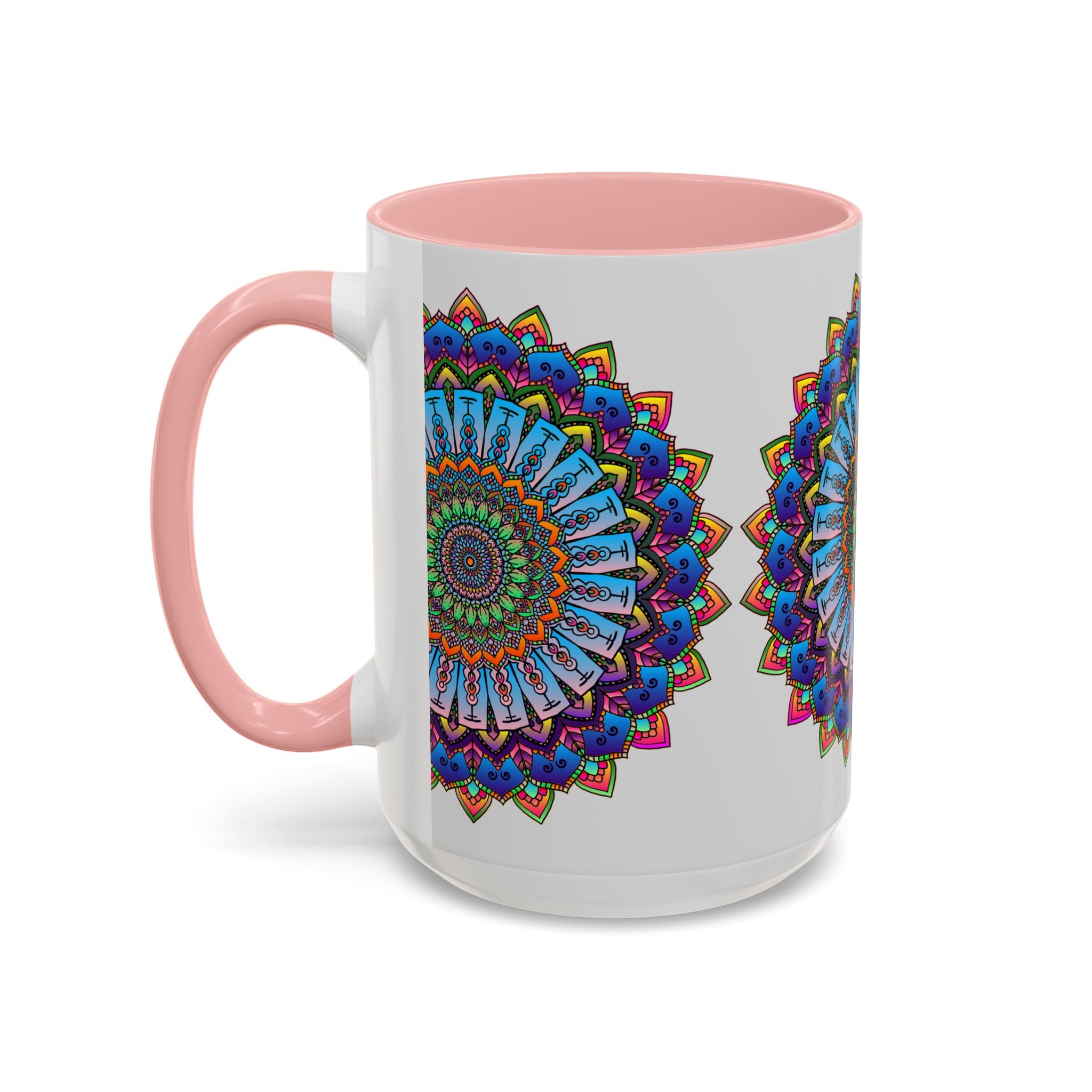 Vibrant mandala mug with colorful art on grey background, perfect for adding a pop of color to your morning coffee routine