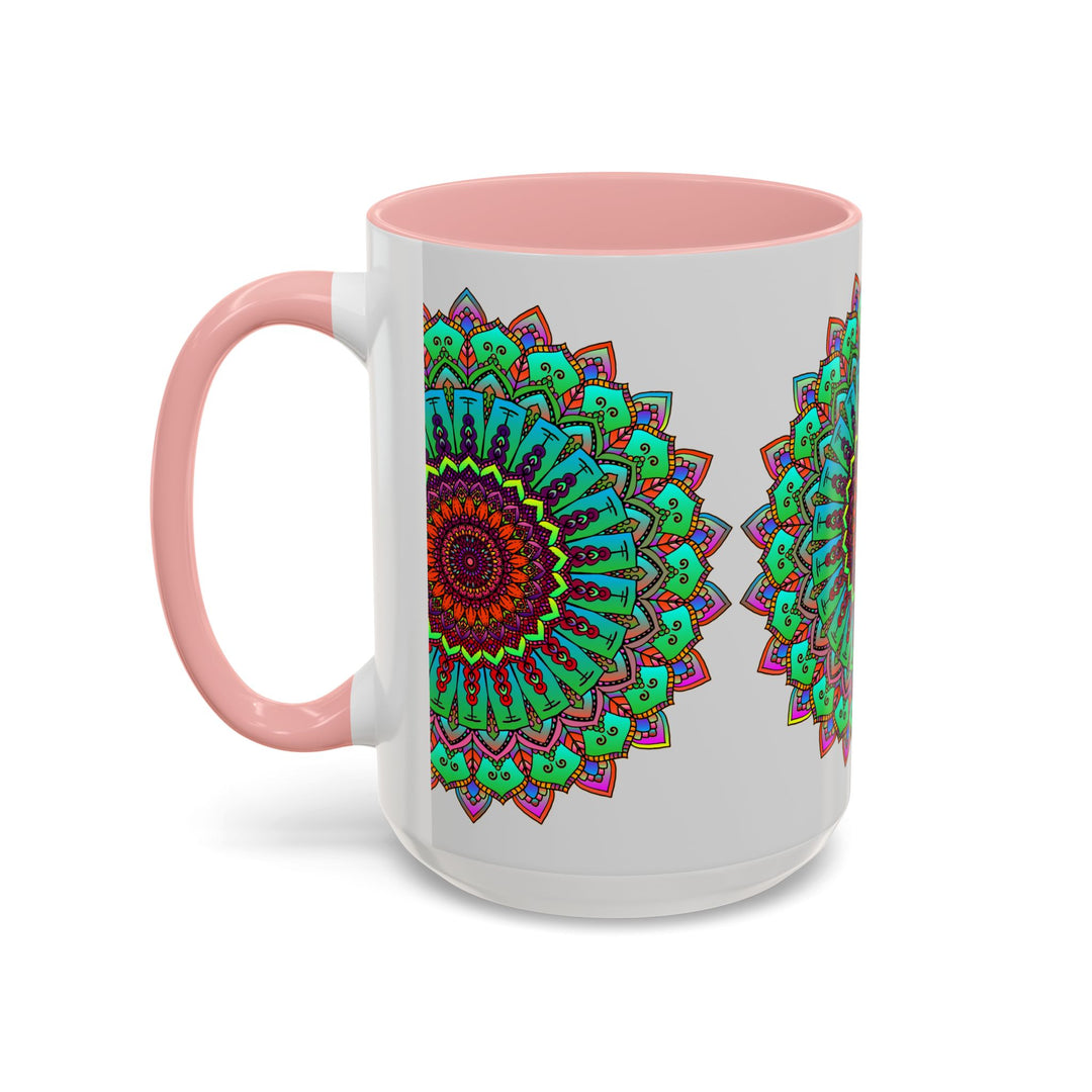 A light grey ceramic mug featuring a colorful mandala art design