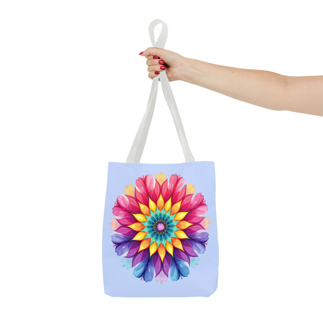 Colorful and vibrant Rainbow Mandala Tote Bag, perfect for carrying essentials