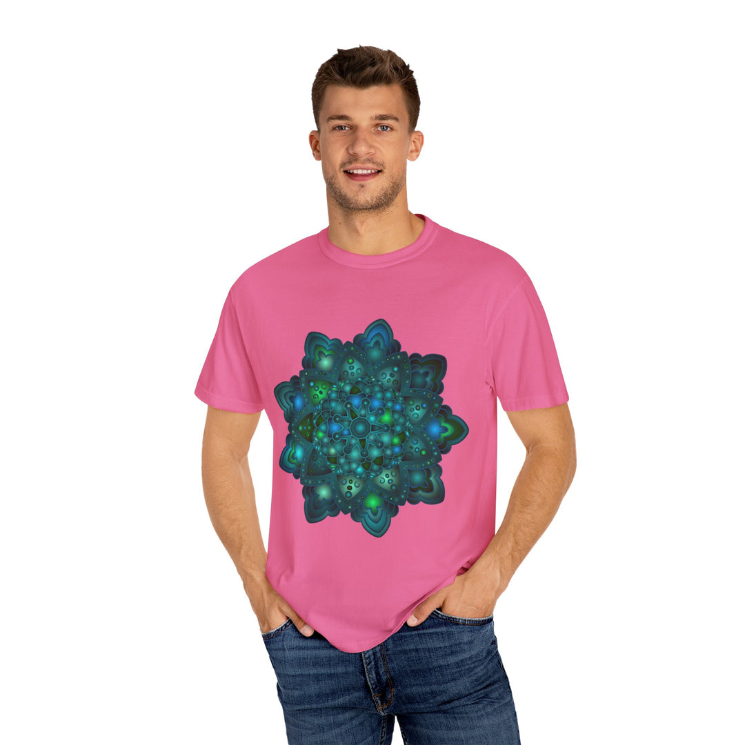 Intricate blue and green mandala design t-shirt for men and women