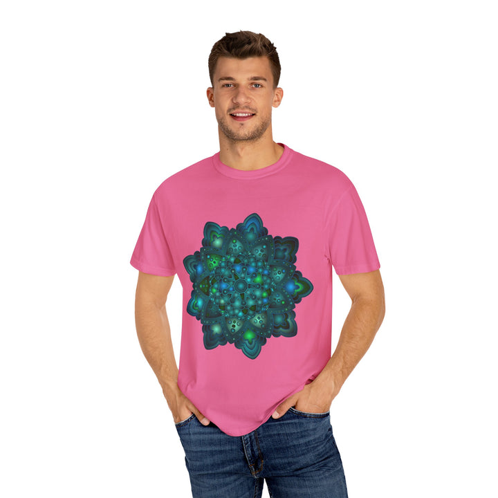 Intricate blue and green mandala design t-shirt for men and women