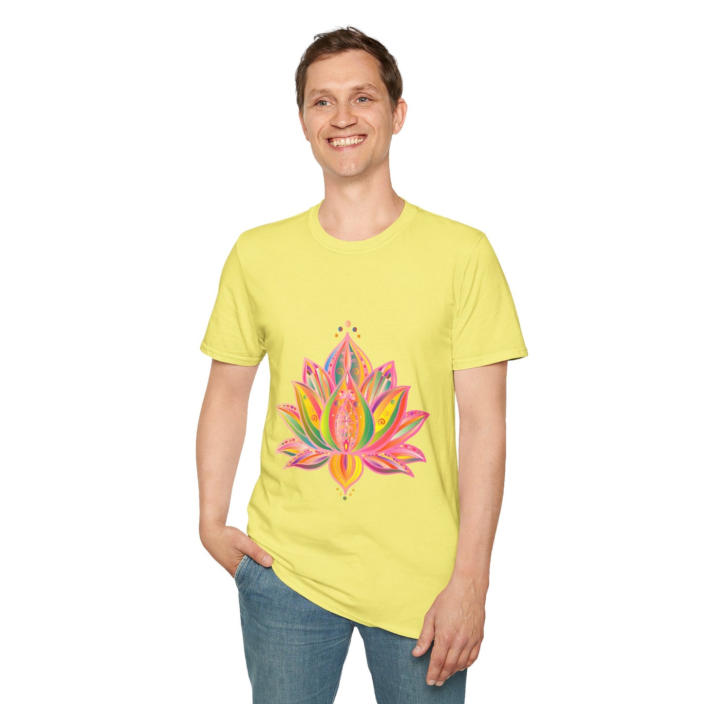 Lotus Mandala Unisex T-Shirt featuring a hand-drawn, unique design by Blululi