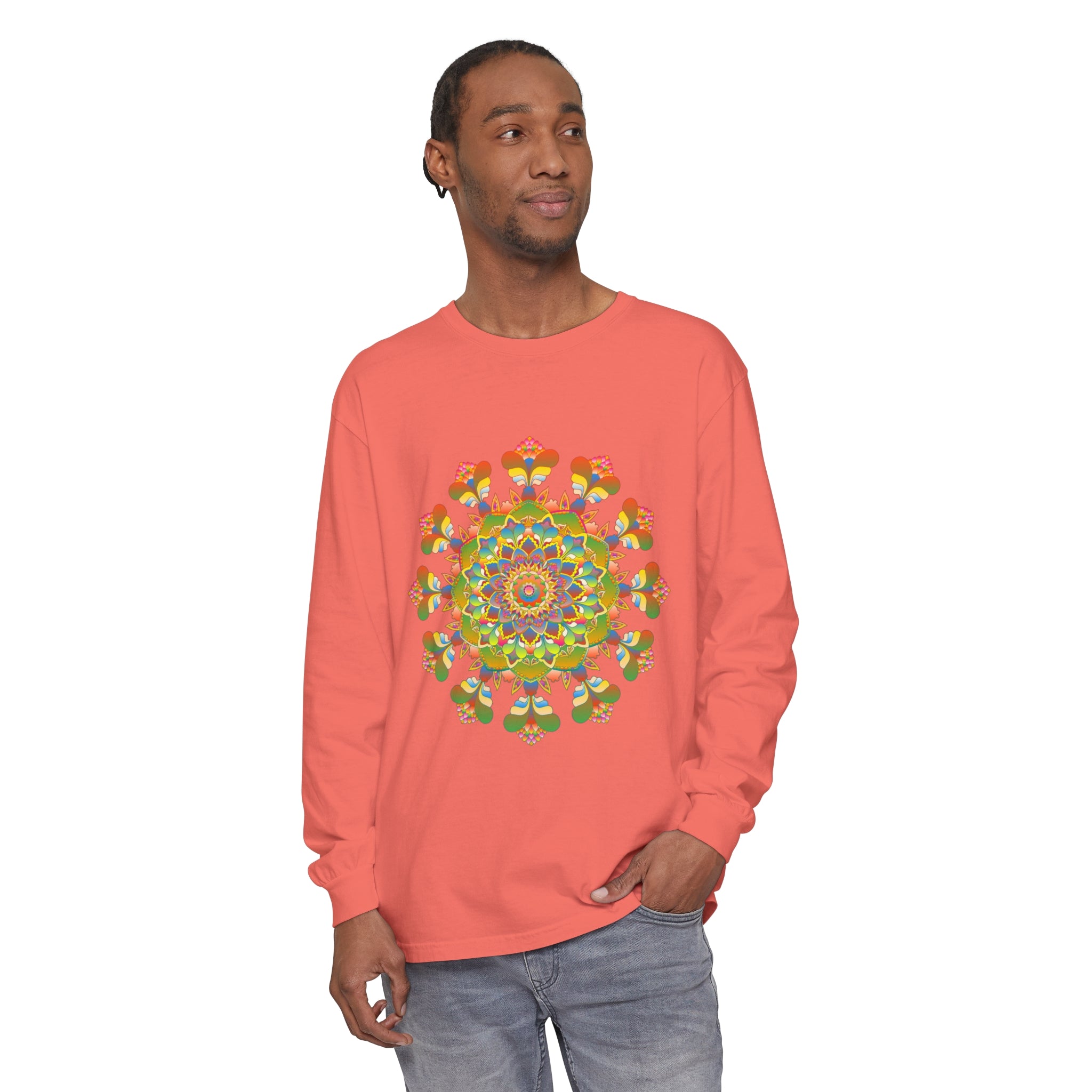 Vibrant Mandala Long Sleeve T-Shirt featuring colorful and intricate art design