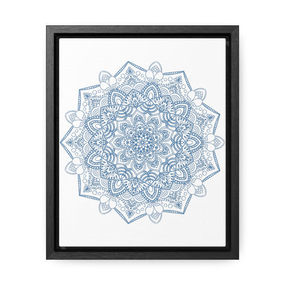 Beautiful steel blue Mandala Design Wall Art handmade on gallery canvas wraps displayed in a vertical frame