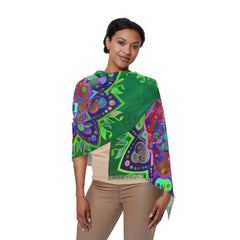 Green Mandala Flower Scarf — Vibrant Blue & Green Floral Light Scarf
