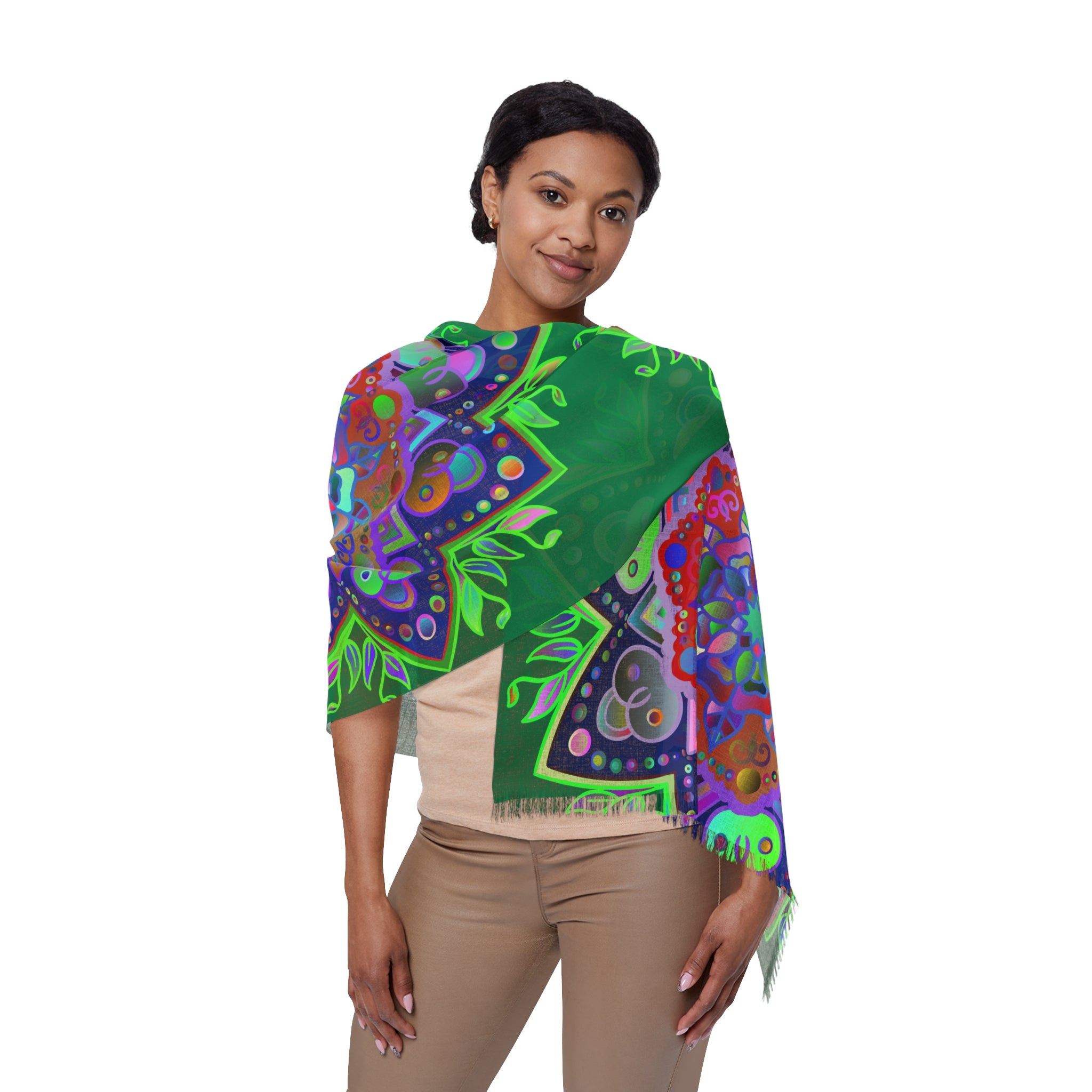 Green Mandala Flower Scarf — Vibrant Blue & Green Floral Light Scarf