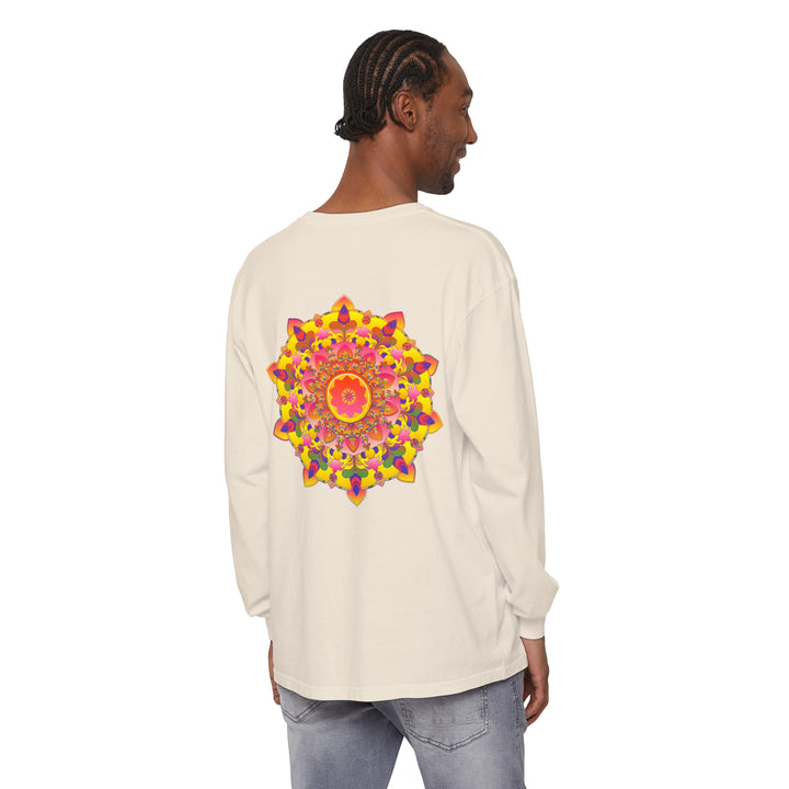 Colorful and intricate mandala design on a long sleeve unisex t-shirt