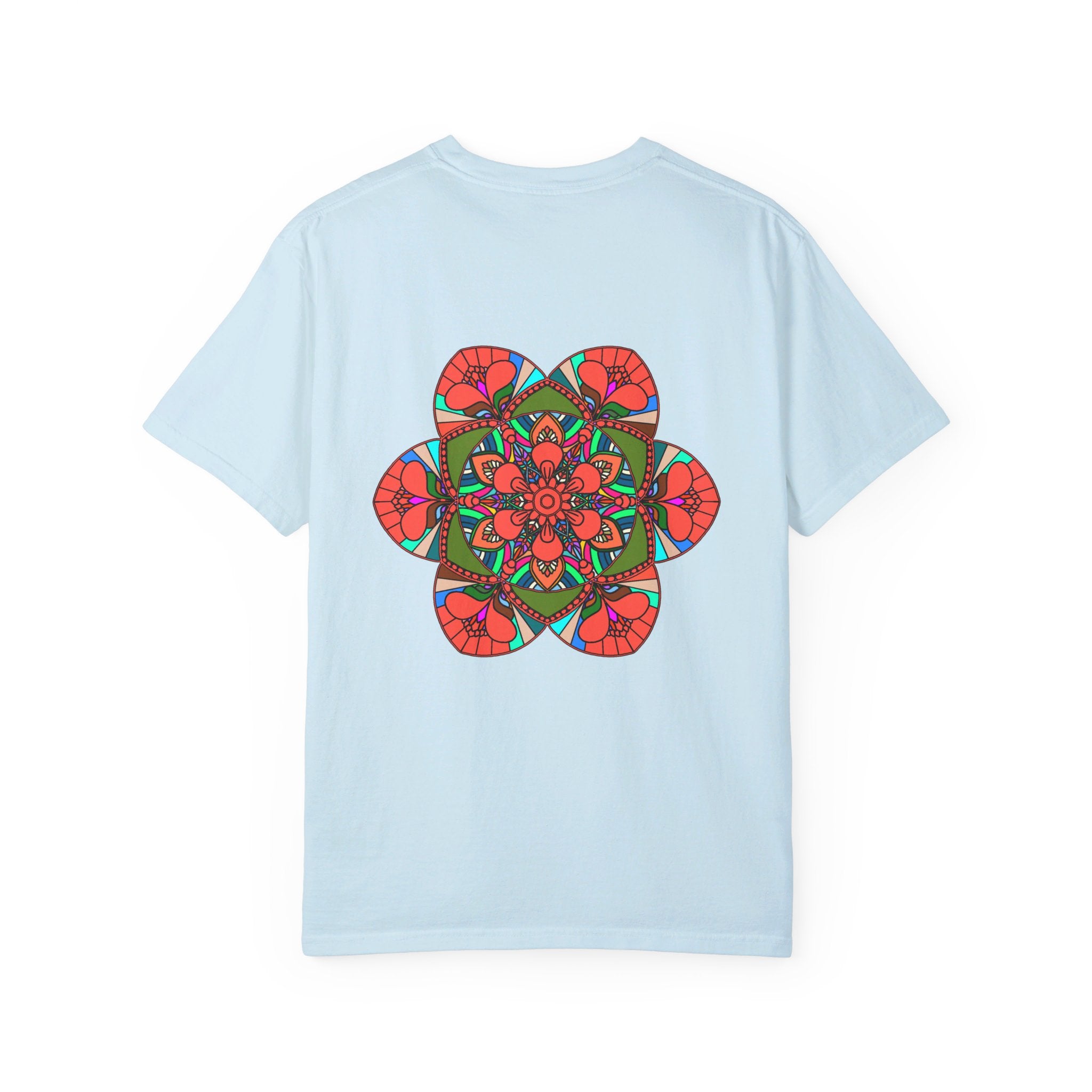 Unisex mandala t-shirt made from 100% ring-spun cotton, hand-drawn mandala art, and garment-dyed for extra comfort