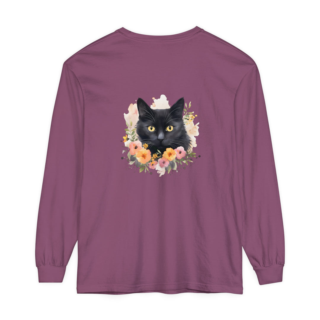 A black cat with a floral portrait design on a unisex t-shirt