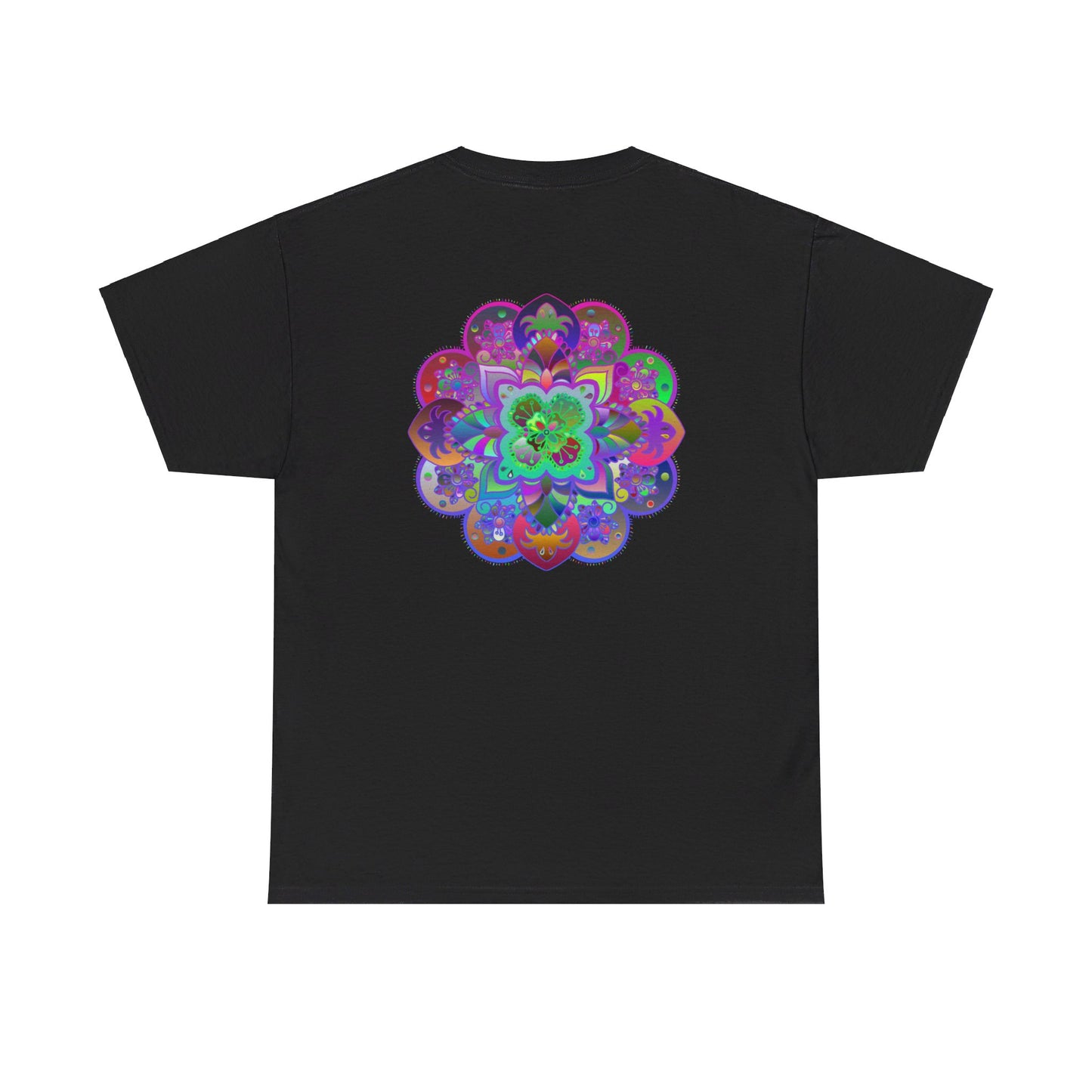 Colorful mandala art design printed on a comfortable unisex heavy cotton t-shirt for yoga and mindfulness enthusiasts