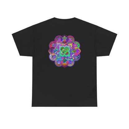 Colorful mandala art design printed on a comfortable unisex heavy cotton t-shirt for yoga and mindfulness enthusiasts