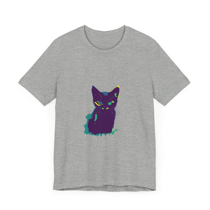 A colorful whimsical cat silhouette tee, perfect for cat lovers