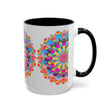 Colorful ceramic mug with a vibrant circular mandala design, perfect for art lovers and coffee enthusiasts alike