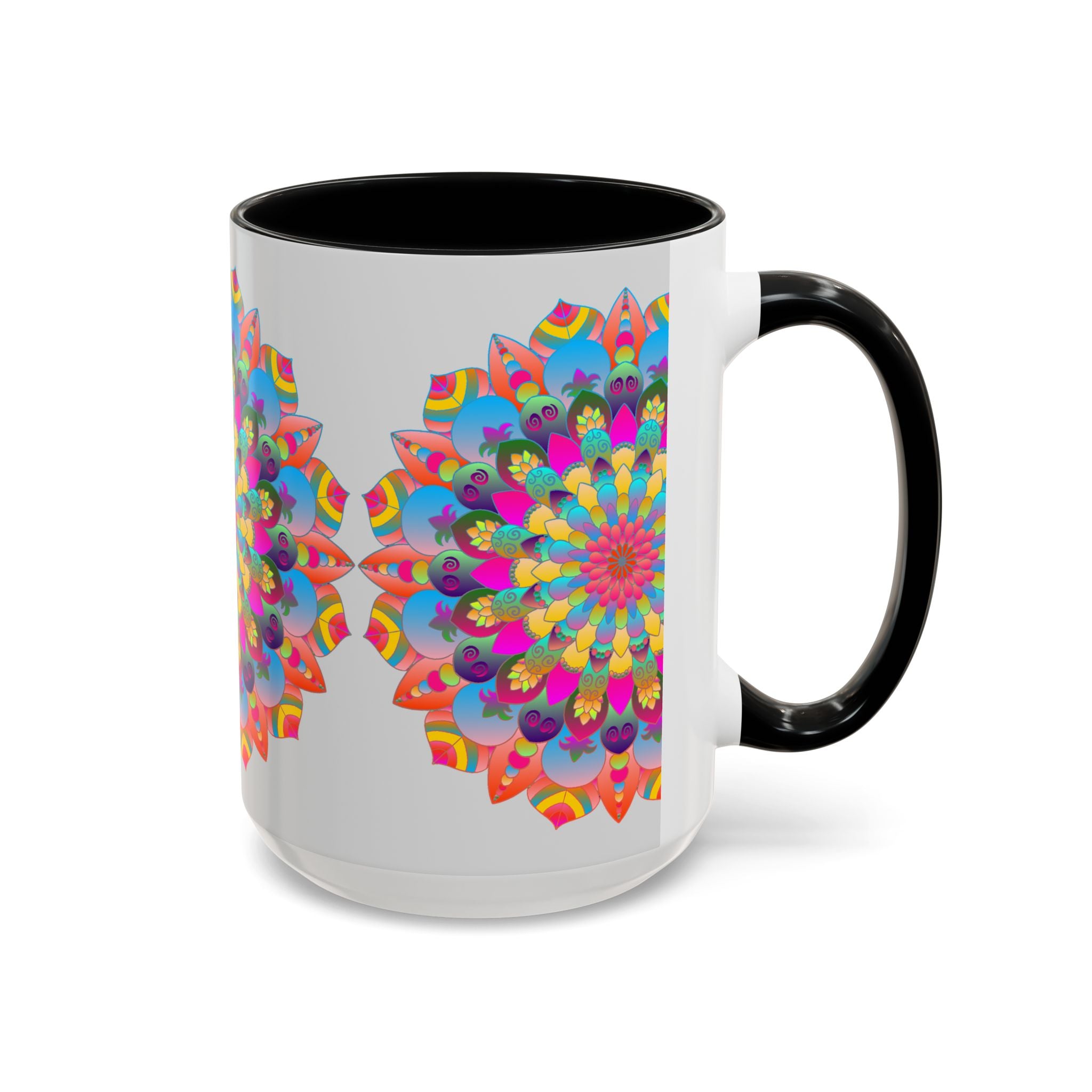 Colorful ceramic mug with a vibrant circular mandala design, perfect for art lovers and coffee enthusiasts alike